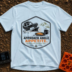 Appetite For Angles - T-Shirt in Chambray - A badge design showing a 4x4 off-road vehicle driving up a steep rock, with...