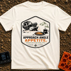 Appetite For Angles - T-Shirt in Ivory - A badge design showing a 4x4 off-road vehicle driving up a steep rock, with an...