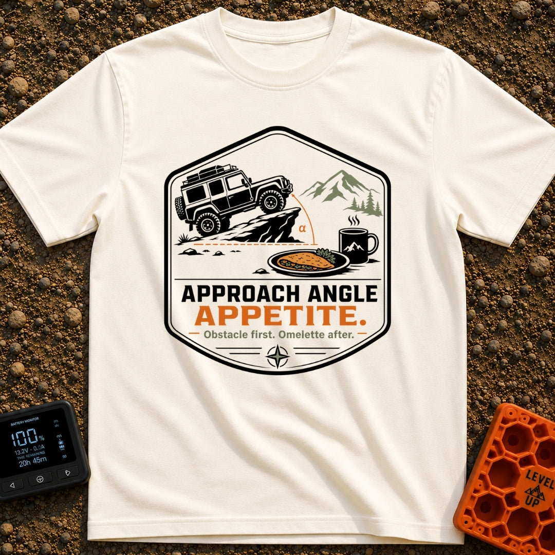 Appetite For Angles - T-Shirt in Ivory - A badge design showing a 4x4 off-road vehicle driving up a steep rock, with an...