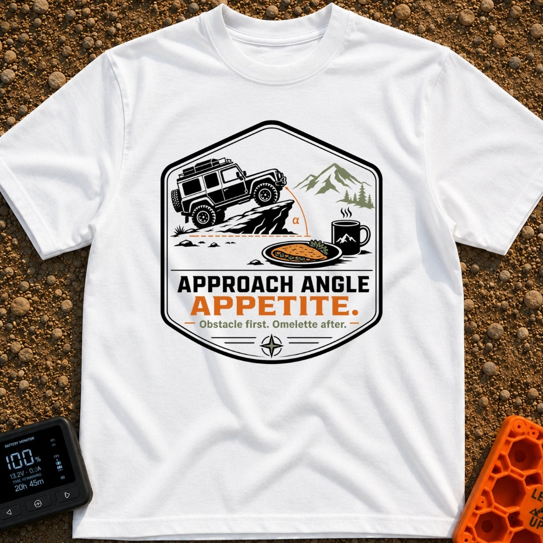 Appetite For Angles - T-Shirt in White - A badge design showing a 4x4 off-road vehicle driving up a steep rock, with an...