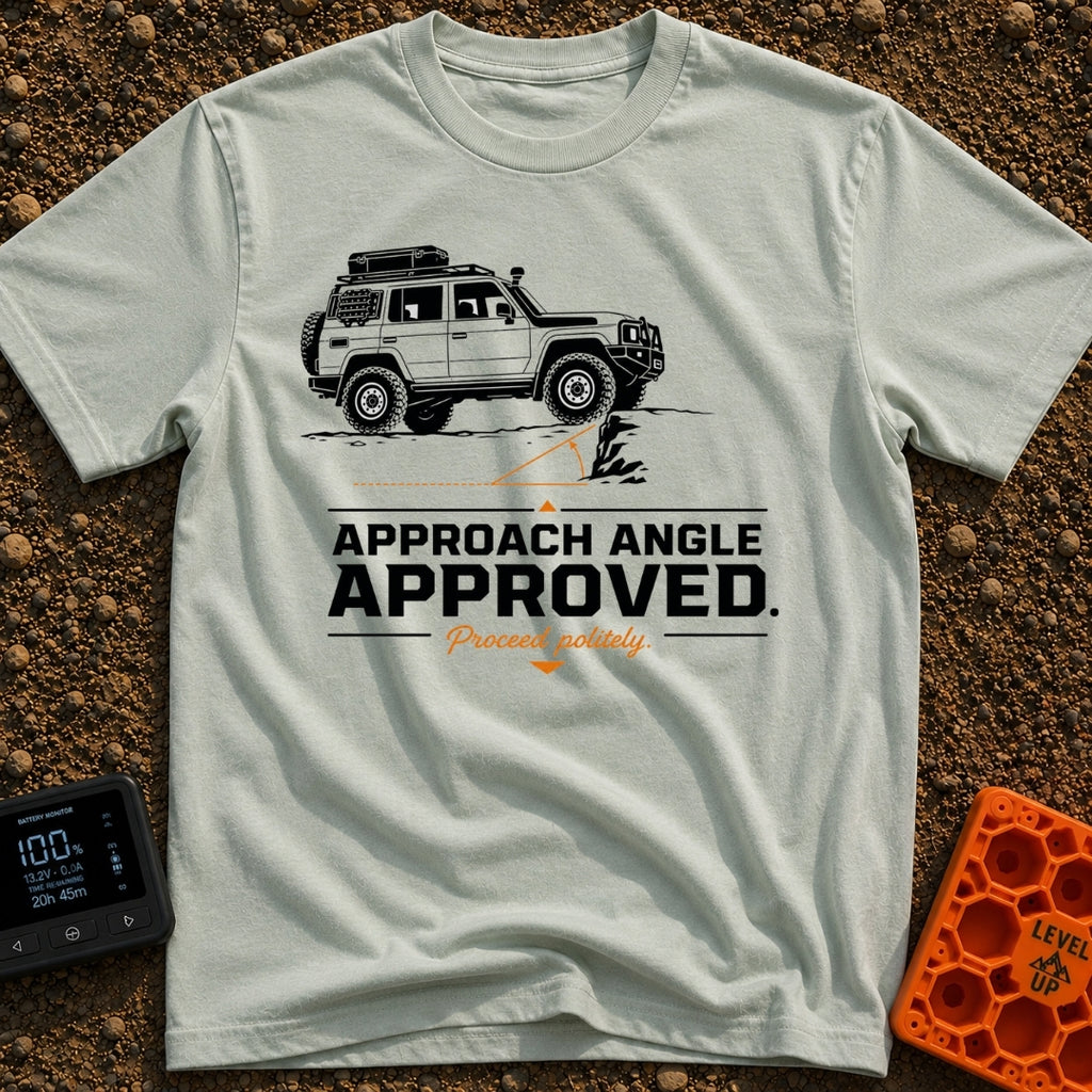Rocky Ascent Approved - T-Shirt in Bay - A black-and-white illustration of a 4x4 off-road SUV climbing a rocky ledge,...