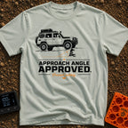Rocky Ascent Approved - T-Shirt in Bay - A black-and-white illustration of a 4x4 off-road SUV climbing a rocky ledge,...