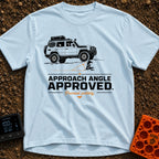 Rocky Ascent Approved - T-Shirt in Chambray - A black-and-white illustration of a 4x4 off-road SUV climbing a rocky...