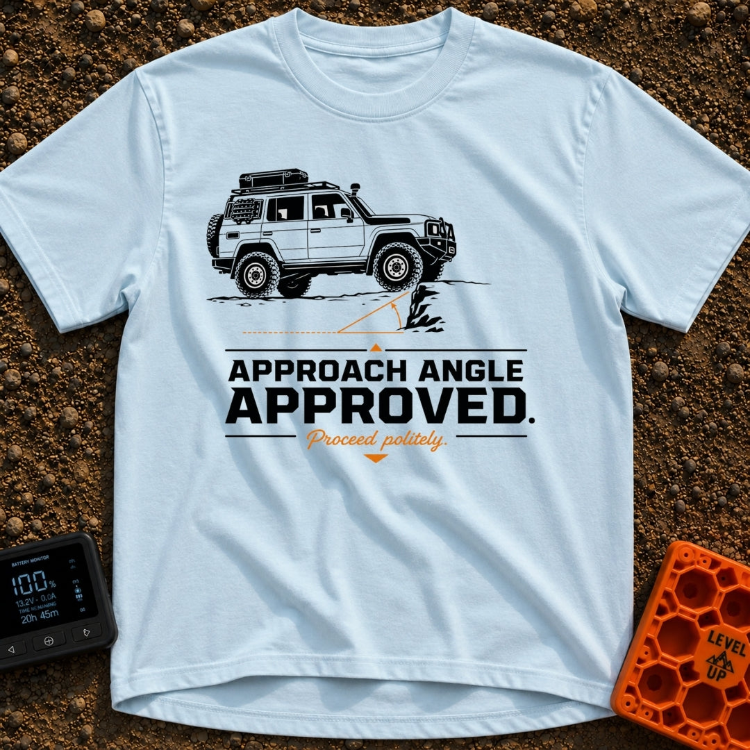 Rocky Ascent Approved - T-Shirt in Chambray - A black-and-white illustration of a 4x4 off-road SUV climbing a rocky...