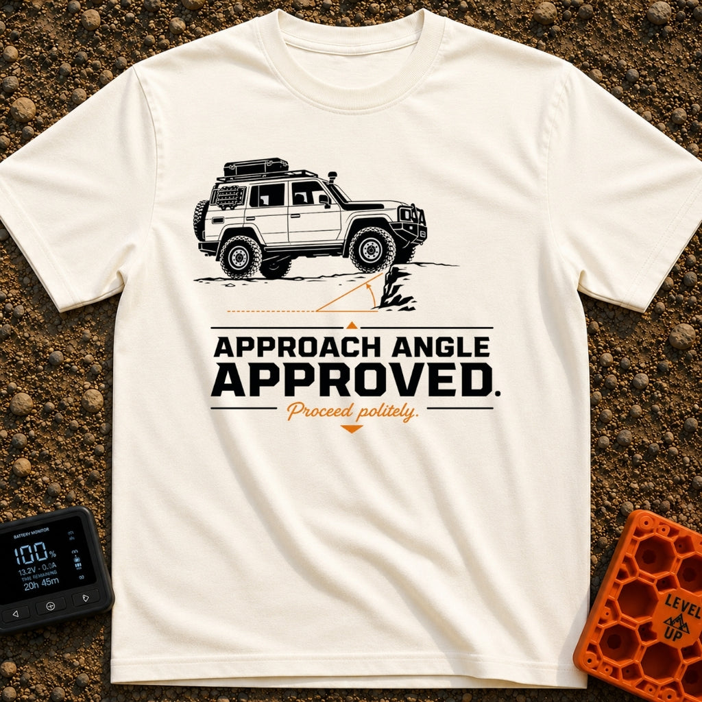 Rocky Ascent Approved - T-Shirt in Ivory - A black-and-white illustration of a 4x4 off-road SUV climbing a rocky ledge,...