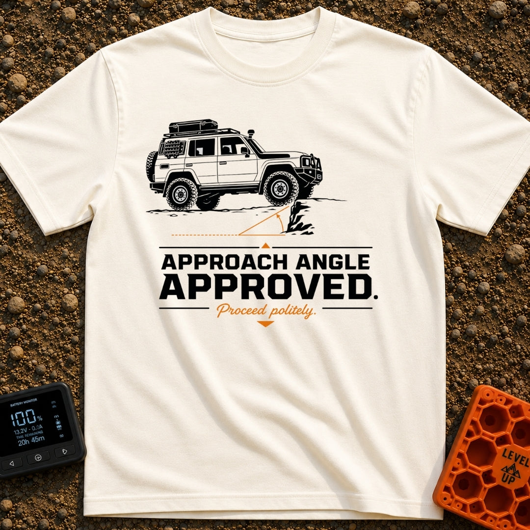 Rocky Ascent Approved - T-Shirt in Ivory - A black-and-white illustration of a 4x4 off-road SUV climbing a rocky ledge,...