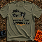 Rocky Ascent Approved - T-Shirt in Moss - A black-and-white illustration of a 4x4 off-road SUV climbing a rocky ledge,...