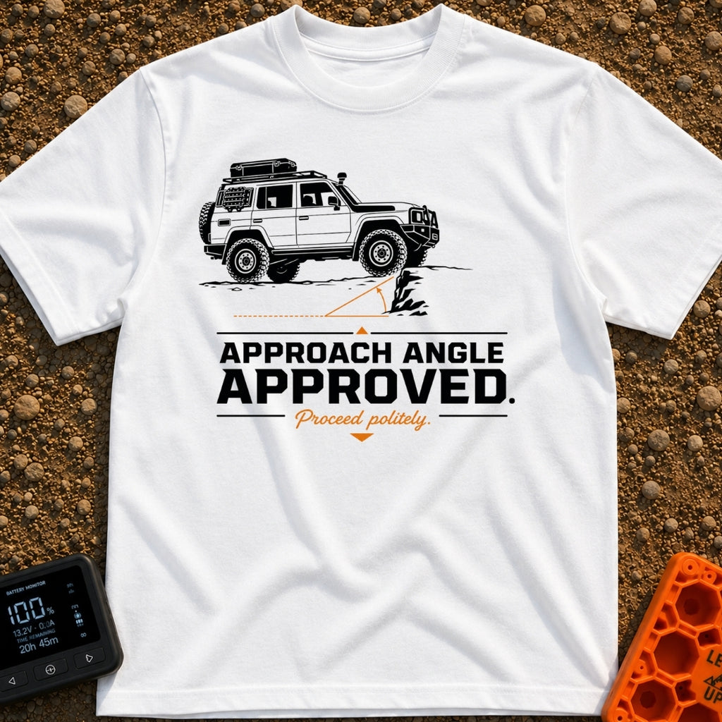 Rocky Ascent Approved - T-Shirt in White - A black-and-white illustration of a 4x4 off-road SUV climbing a rocky ledge,...