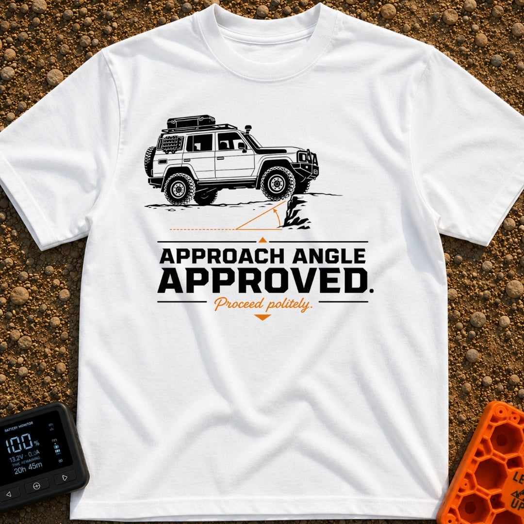 Rocky Ascent Approved - T-Shirt in White - A black-and-white illustration of a 4x4 off-road SUV climbing a rocky ledge,...