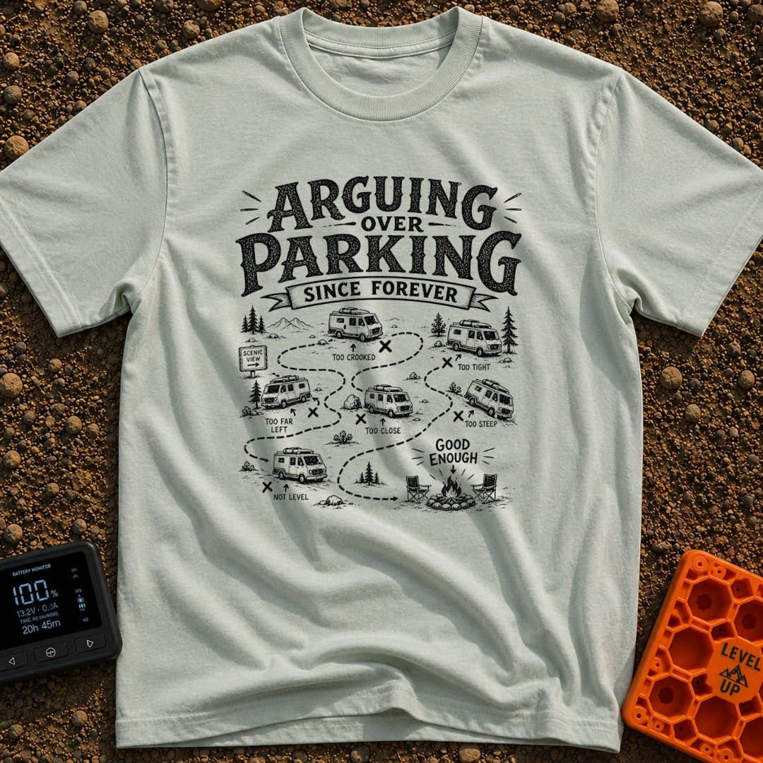 No The Other Left - T-Shirt in Bay - A black and white illustration showing a camper van's winding, dotted path through...