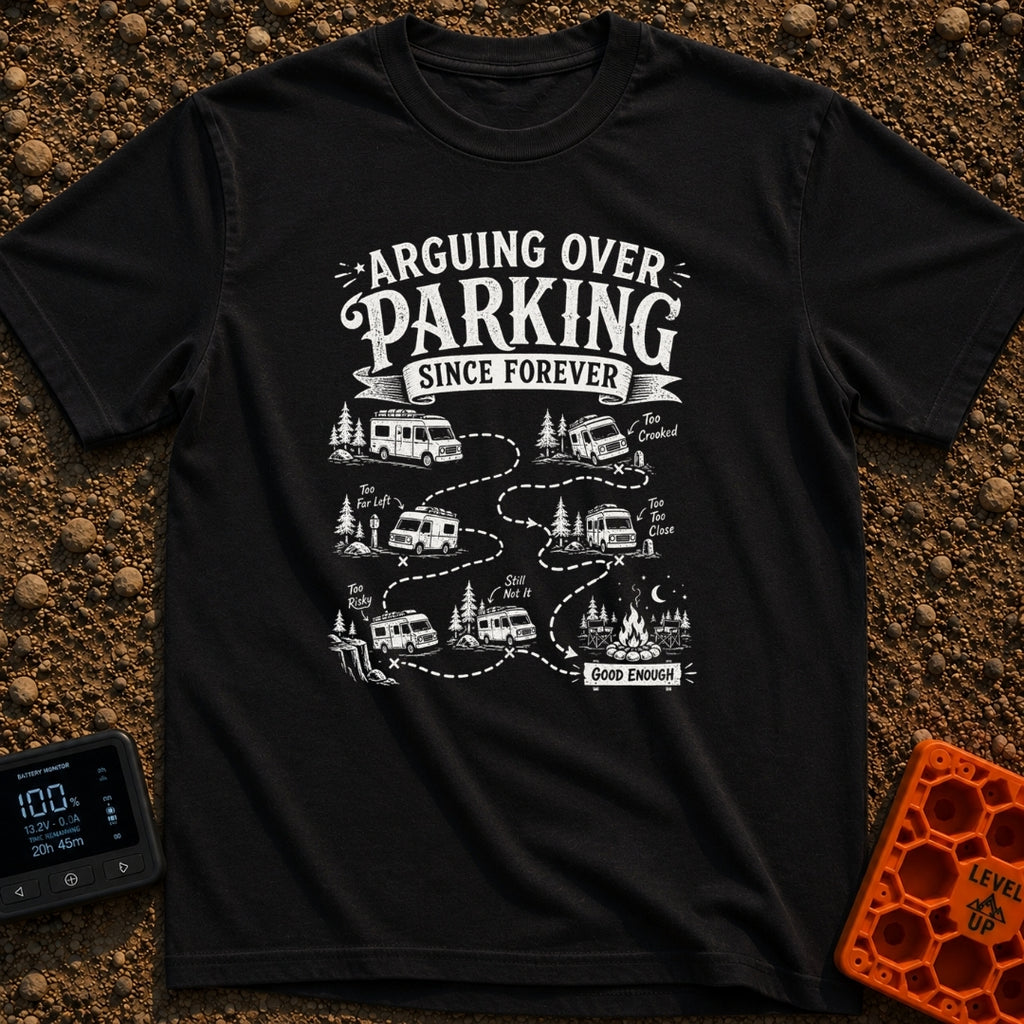 No The Other Left - T-Shirt in Black - A black and white illustration showing a camper van's winding, dotted path through...