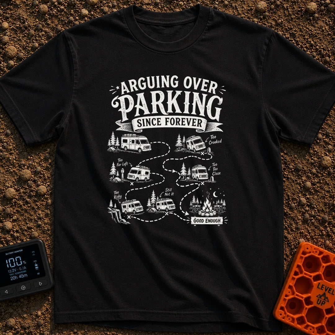 No The Other Left - T-Shirt in Black - A black and white illustration showing a camper van's winding, dotted path through...