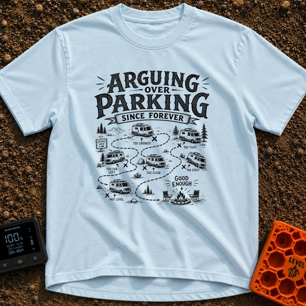 No The Other Left - T-Shirt in Chambray - A black and white illustration showing a camper van's winding, dotted path...