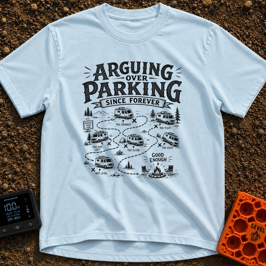 No The Other Left - T-Shirt in Chambray - A black and white illustration showing a camper van's winding, dotted path...