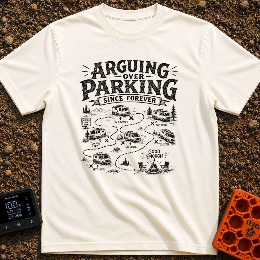 No The Other Left - T-Shirt in Ivory - A black and white illustration showing a camper van's winding, dotted path through...