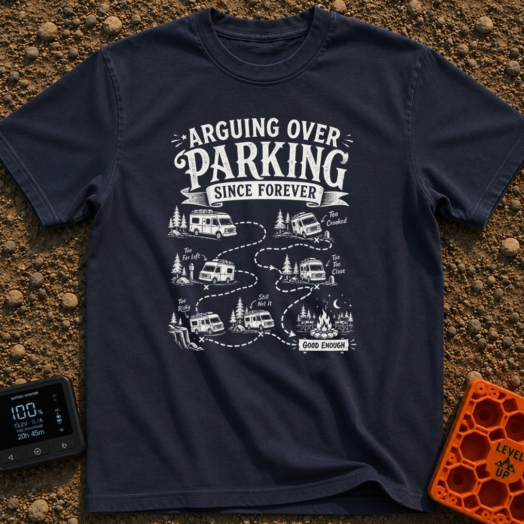 No The Other Left - T-Shirt in Navy - A black and white illustration showing a camper van's winding, dotted path through...