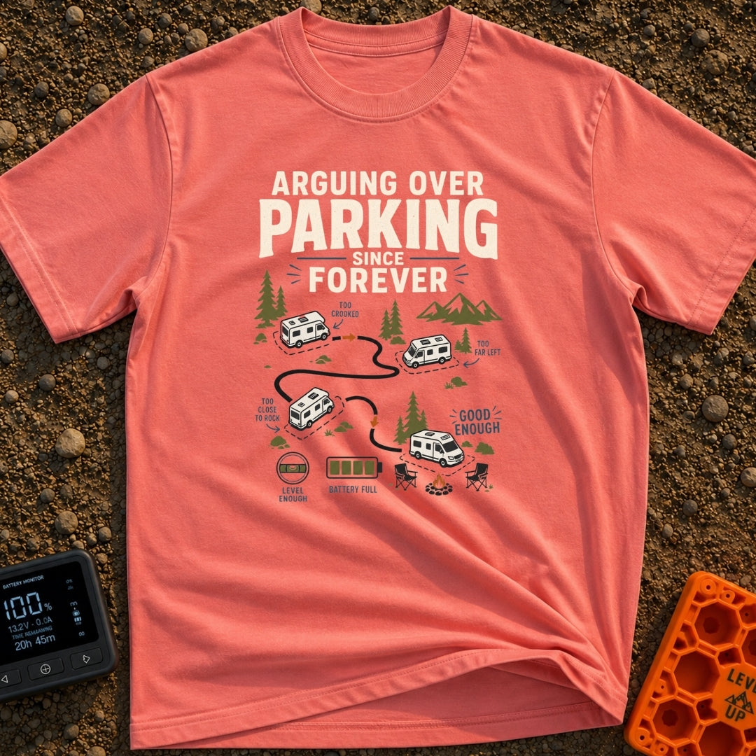 Arguing Over Parking - T-Shirt in Watermelon - A diagram showing a camper van moving through four different parking...