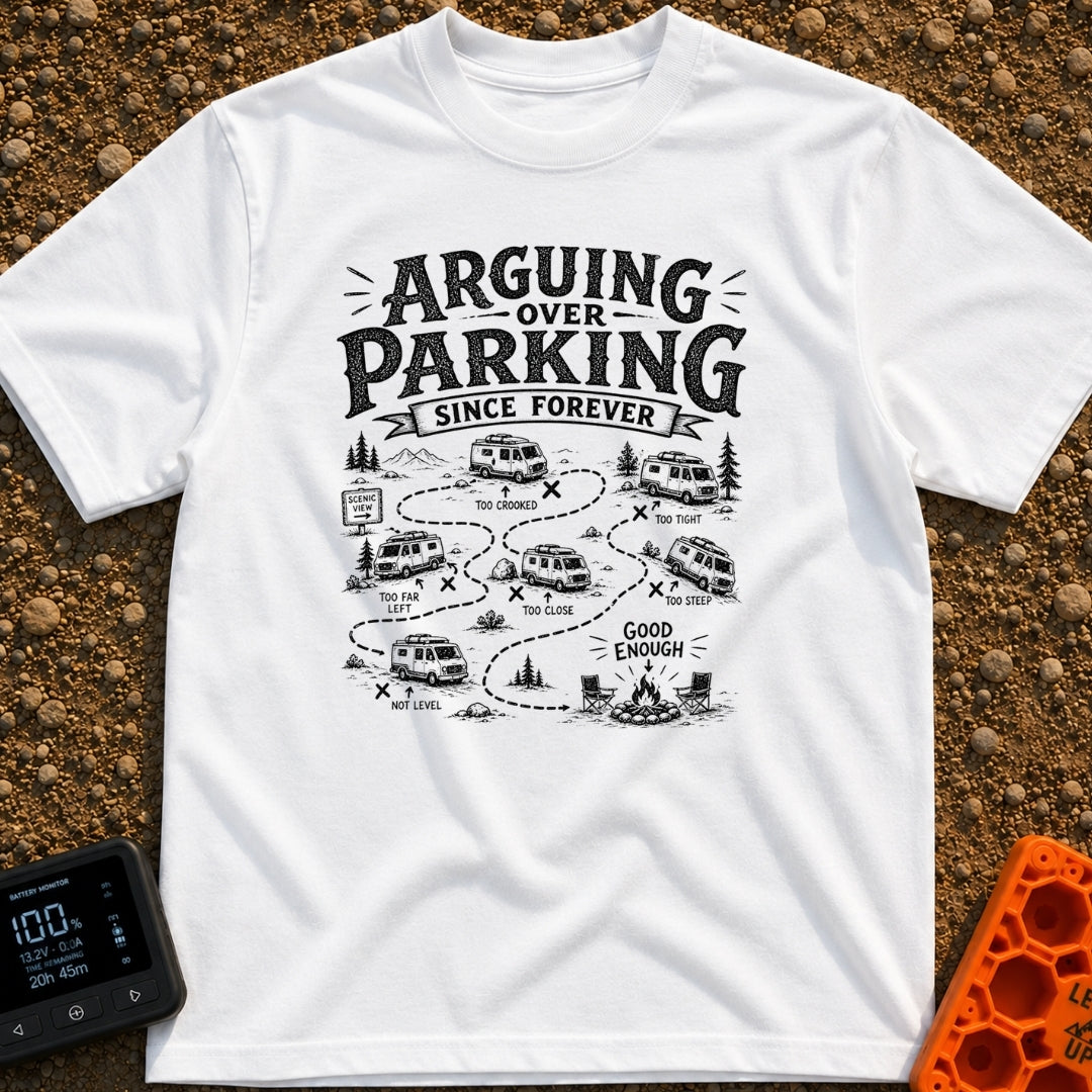 No The Other Left - T-Shirt in White - A black and white illustration showing a camper van's winding, dotted path through...