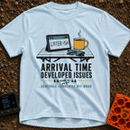 Arrival Time Not Found - T-Shirt in Chambray - A graphic showing a folding camp table holding a tablet displaying the...