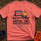 Arrival Time Not Found - T-Shirt in Watermelon - A graphic showing a folding camp table holding a tablet displaying the...