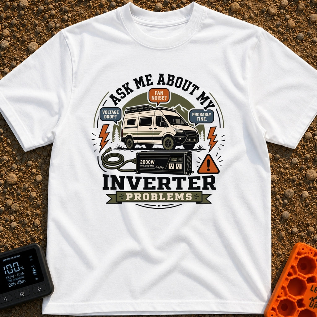 Ask About Inverter Problems - T-Shirt in White - An illustration of a camper van parked near mountains and trees,...