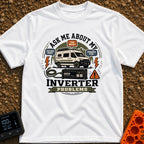 Ask About Inverter Problems - T-Shirt in White - An illustration of a camper van parked near mountains and trees,...