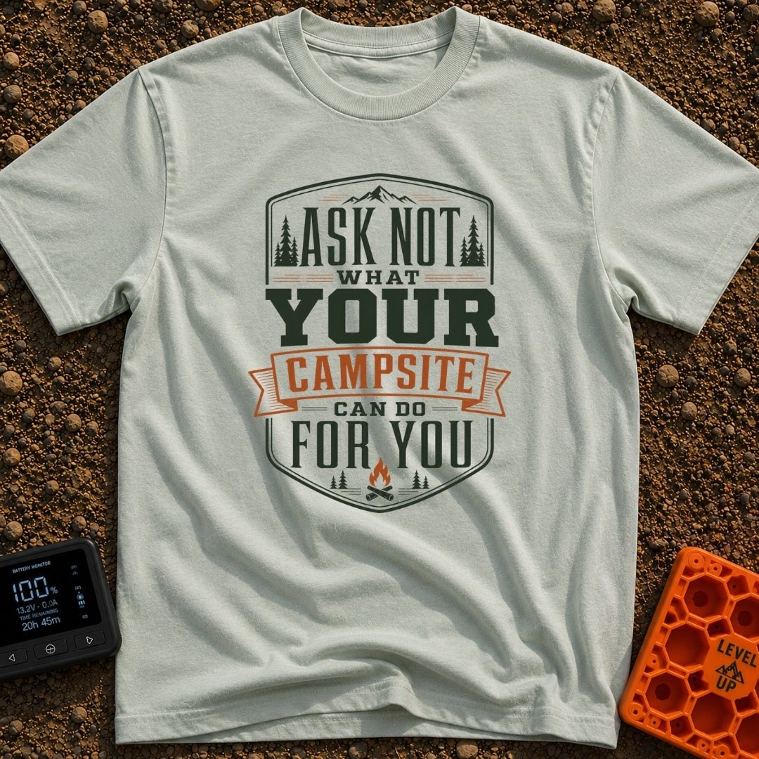 Ask Not Your Campsite - T-Shirt in Bay - A typographic badge design featuring the text "ASK NOT WHAT YOUR CAMPSITE CAN DO...