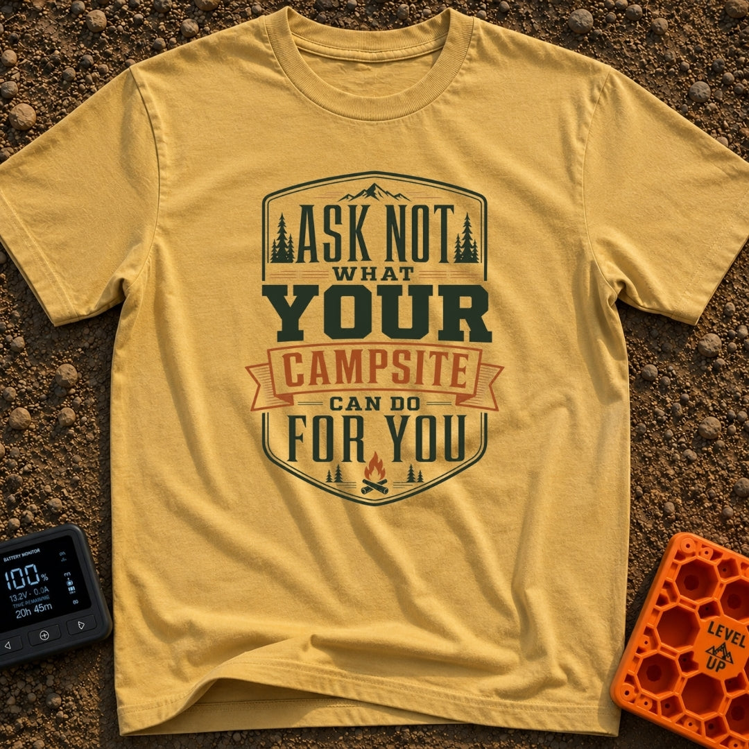 Ask Not Your Campsite - T-Shirt in Mustard - A typographic badge design featuring the text "ASK NOT WHAT YOUR CAMPSITE...