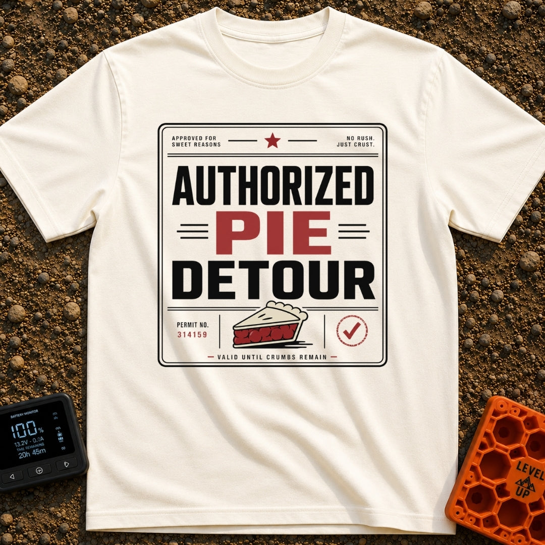 Will Detour For Pie - T-Shirt in Ivory - A typographic design formatted like an official permit or certificate featuring...