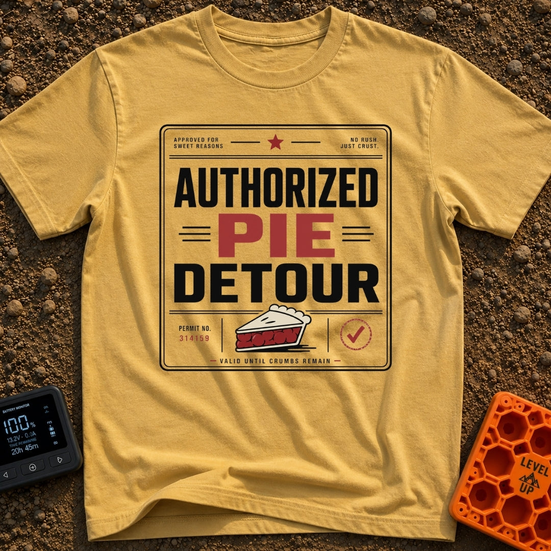 Will Detour For Pie - T-Shirt in Mustard - A typographic design formatted like an official permit or certificate...