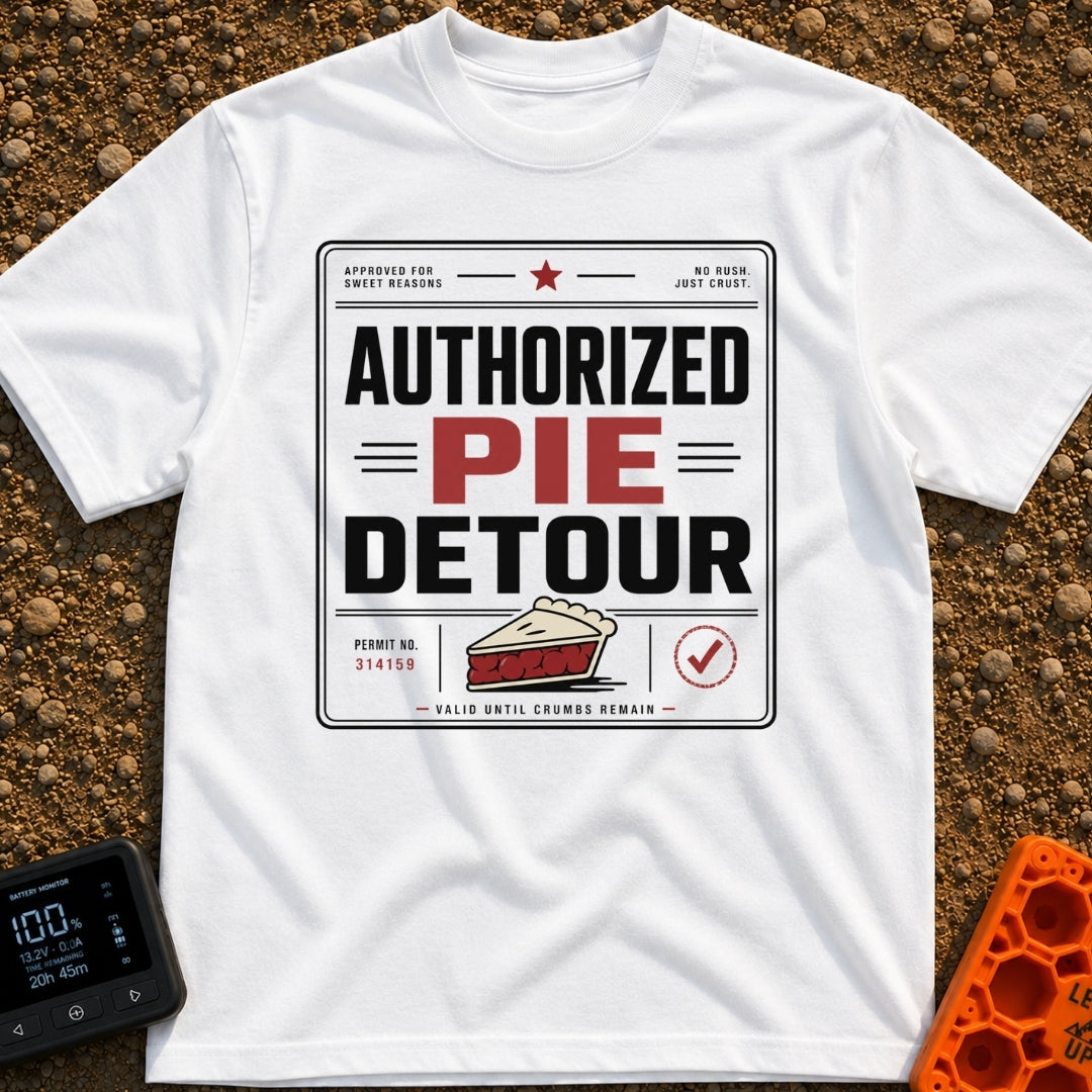 Will Detour For Pie - T-Shirt in White - A typographic design formatted like an official permit or certificate featuring...