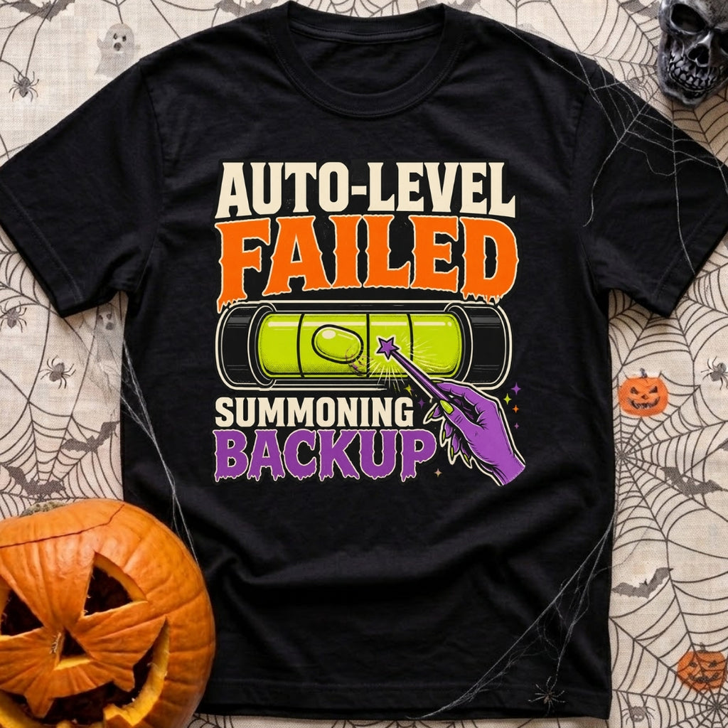 Auto Level Send Backup - T-Shirt in Black - A graphic featuring a green bubble level with an off-center bubble being...