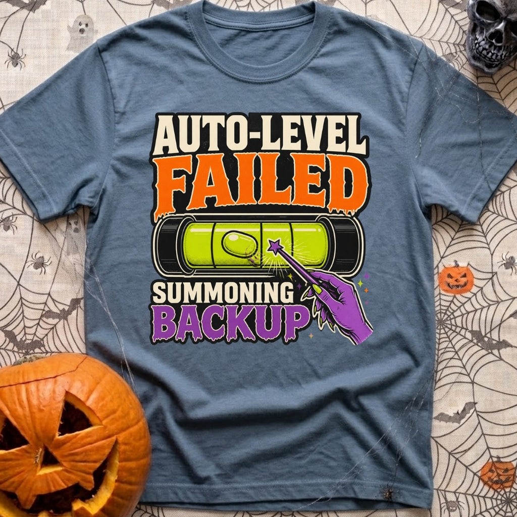 Auto Level Send Backup - T-Shirt in Blue Jean - A graphic featuring a green bubble level with an off-center bubble being...
