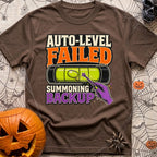 Auto Level Send Backup - T-Shirt in Espresso - A graphic featuring a green bubble level with an off-center bubble being...