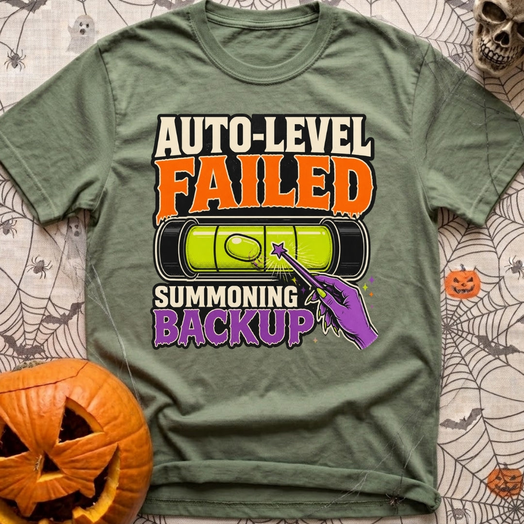 Auto Level Send Backup - T-Shirt in Moss - A graphic featuring a green bubble level with an off-center bubble being...