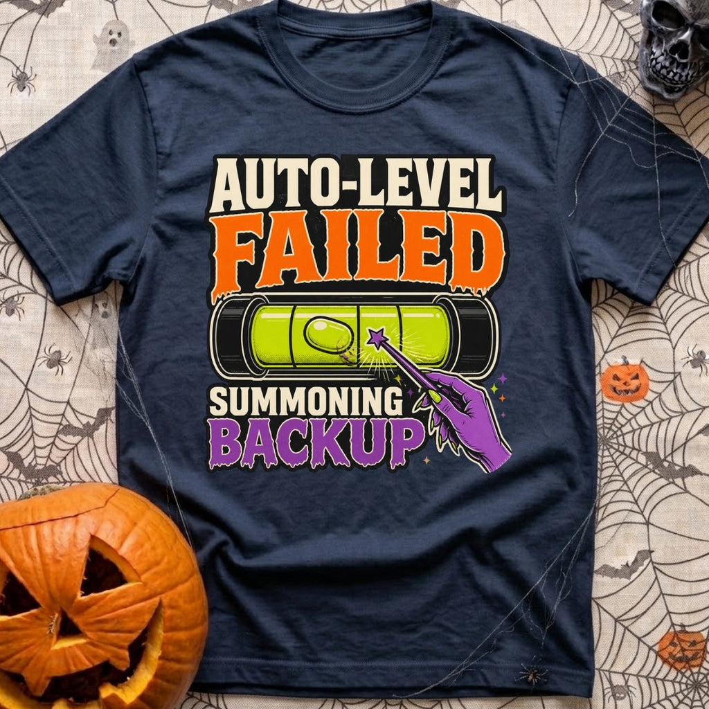 Auto Level Send Backup - T-Shirt in Navy - A graphic featuring a green bubble level with an off-center bubble being...