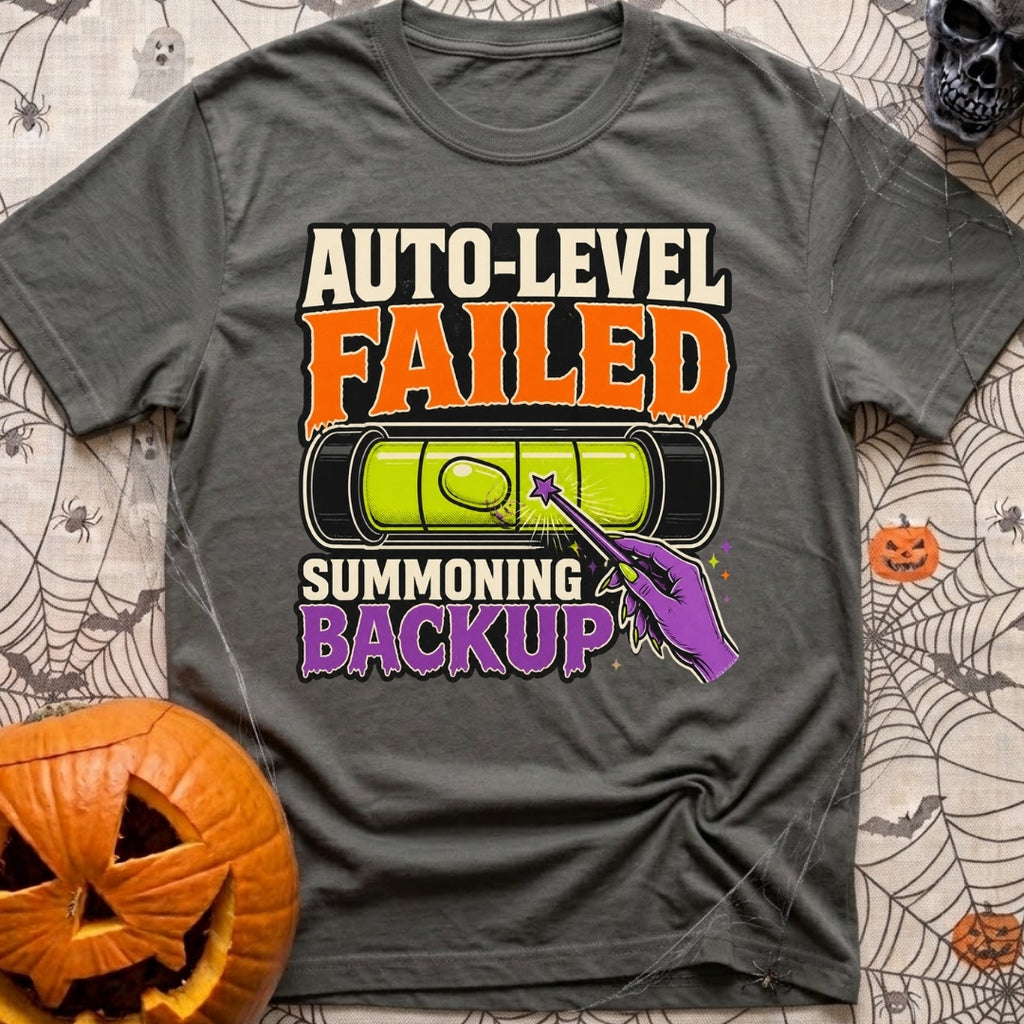 Auto Level Send Backup - T-Shirt in Pepper - A graphic featuring a green bubble level with an off-center bubble being...