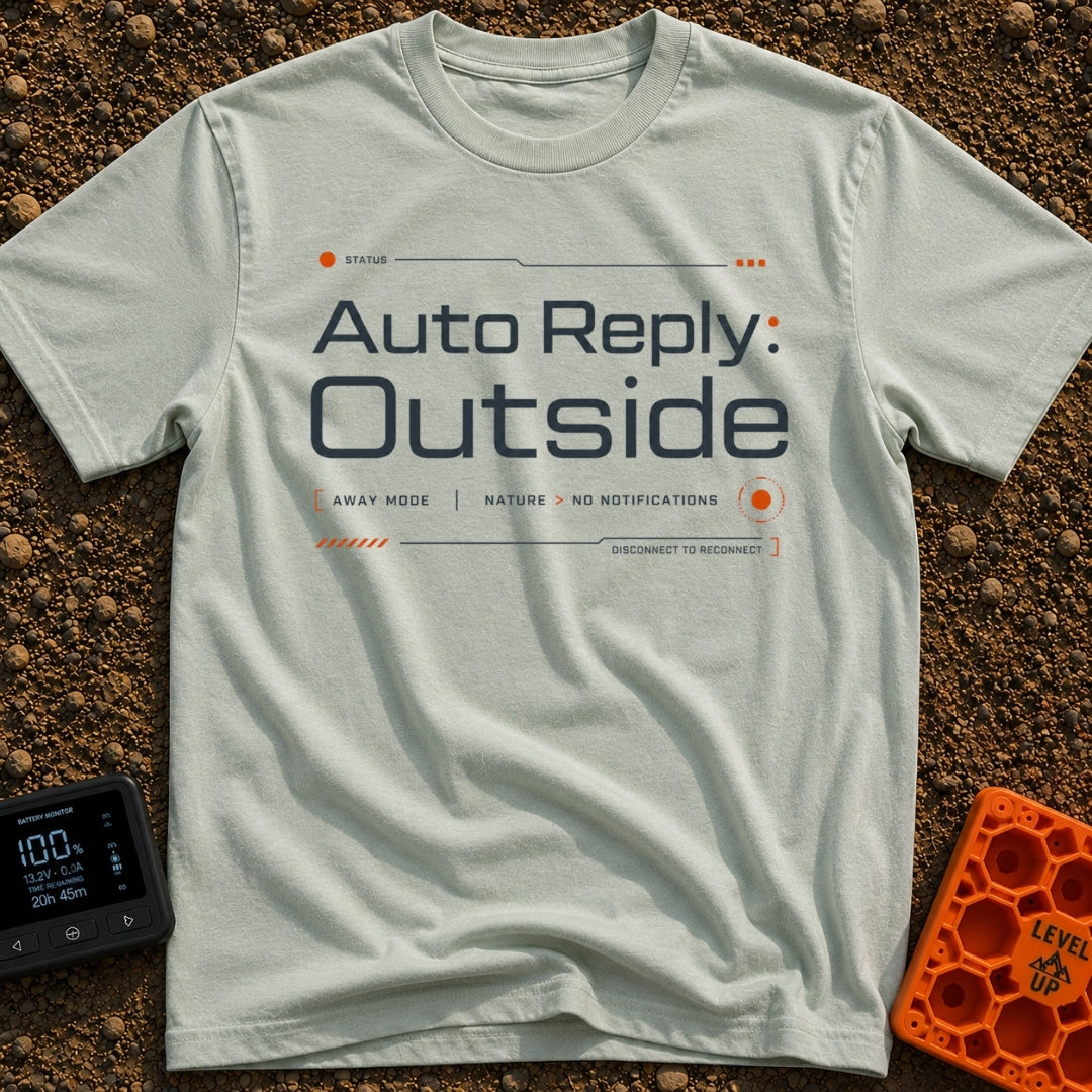Auto Reply: Away - T-Shirt in Bay - A text-based design styled like a digital interface, reading "Auto Reply: Outside" in...