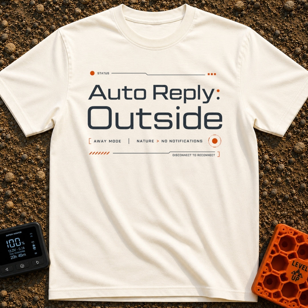Auto Reply: Away - T-Shirt in Ivory - A text-based design styled like a digital interface, reading "Auto Reply: Outside"...
