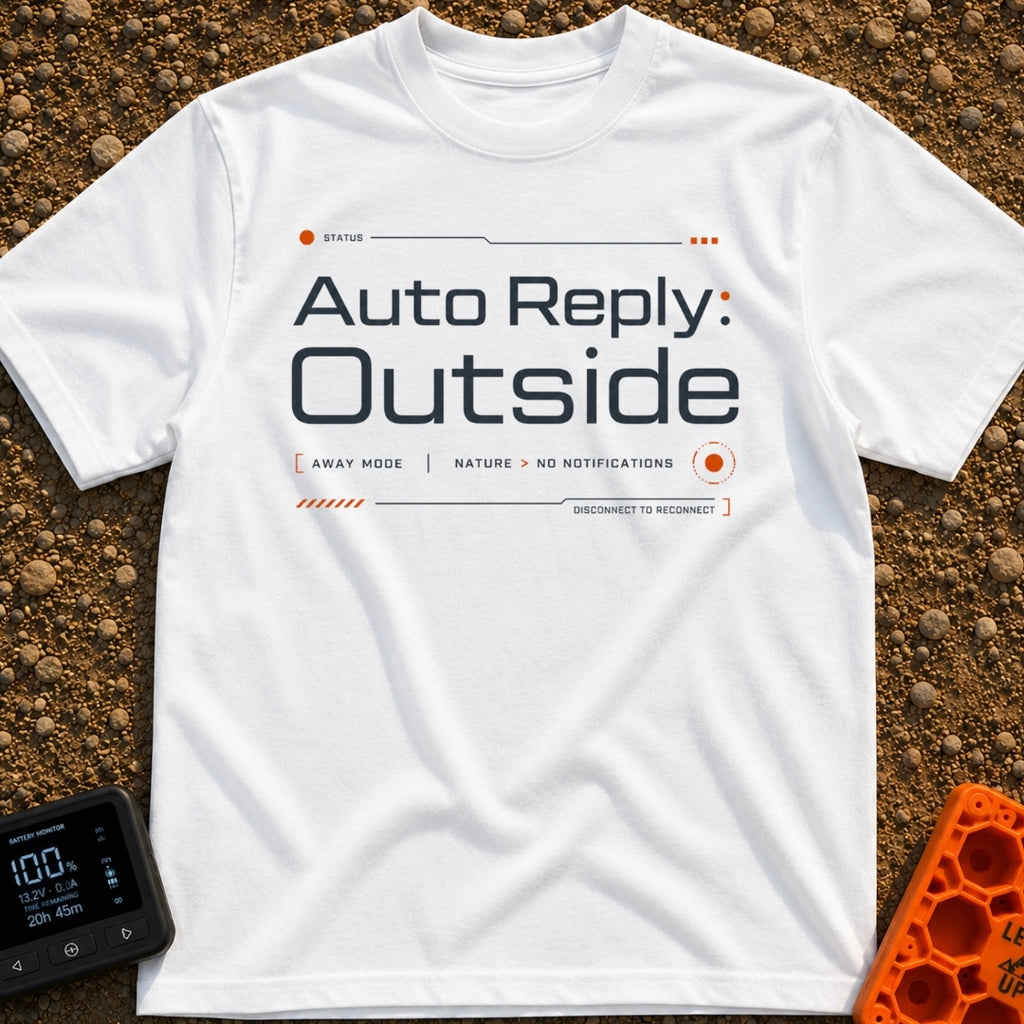 Auto Reply: Away - T-Shirt in White - A text-based design styled like a digital interface, reading "Auto Reply: Outside"...