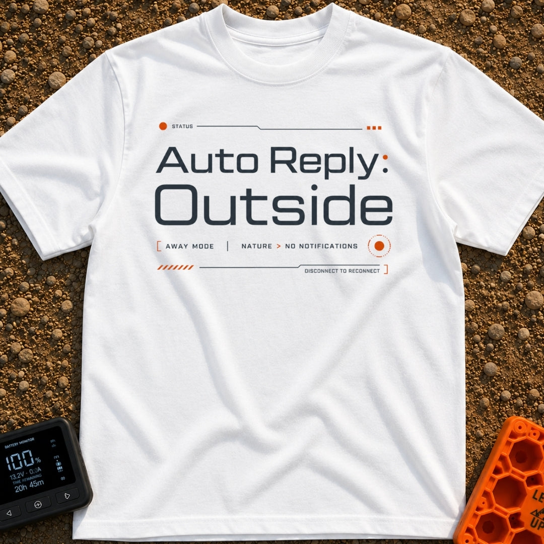 Auto Reply: Away - T-Shirt in White - A text-based design styled like a digital interface, reading "Auto Reply: Outside"...