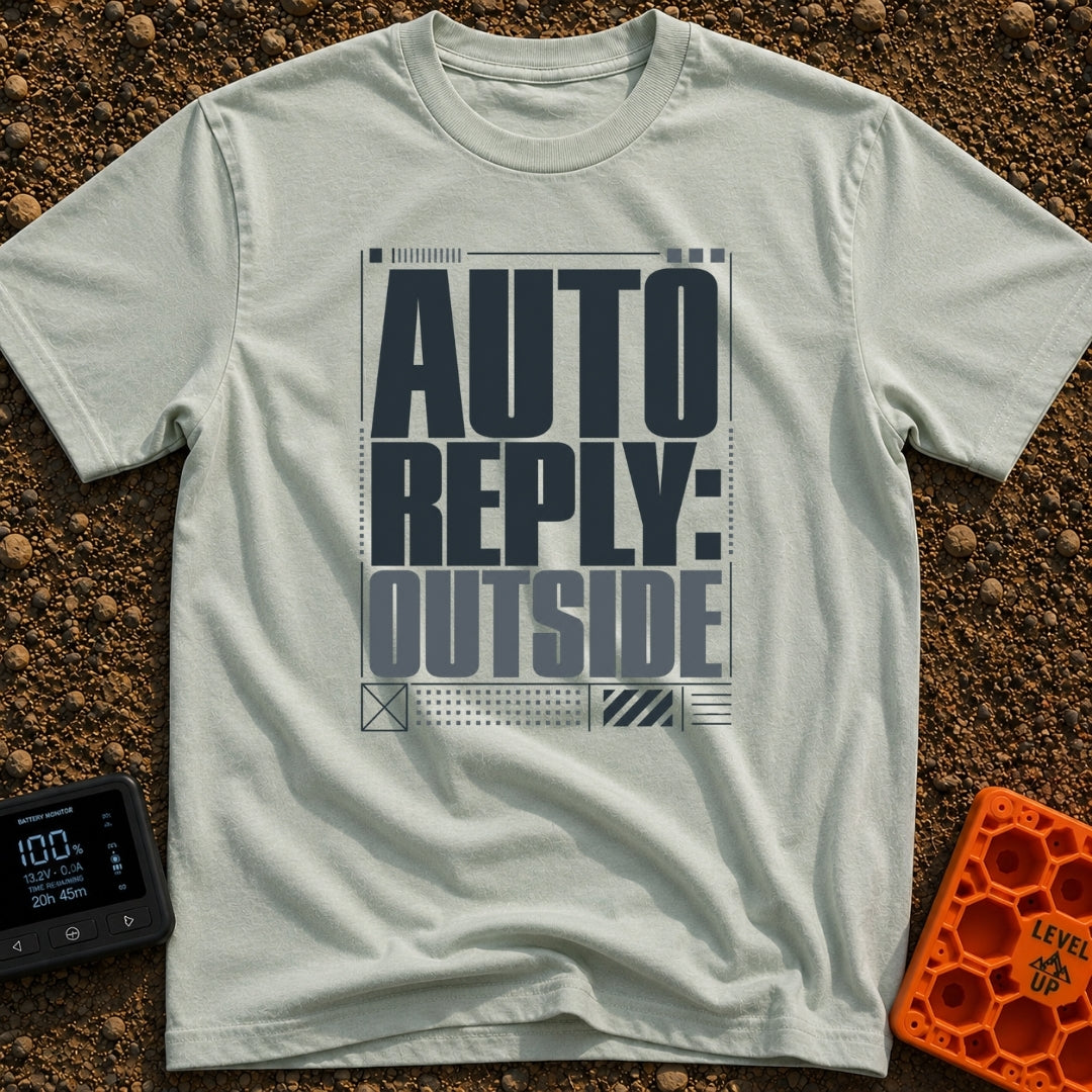 Auto Reply Outside - T-Shirt in Bay - A typographic design featuring the large, stacked bold text "AUTO REPLY: OUTSIDE"...
