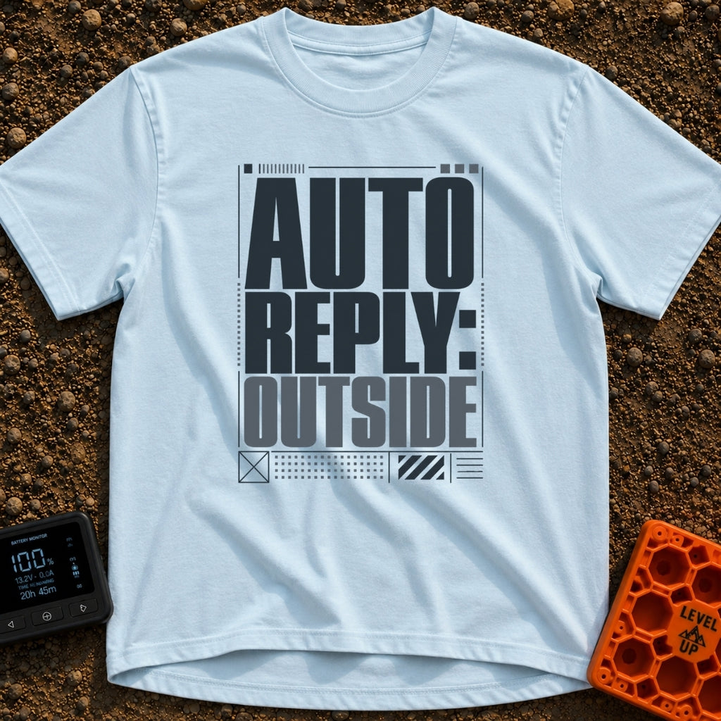 Auto Reply Outside - T-Shirt in Chambray - A typographic design featuring the large, stacked bold text "AUTO REPLY:...