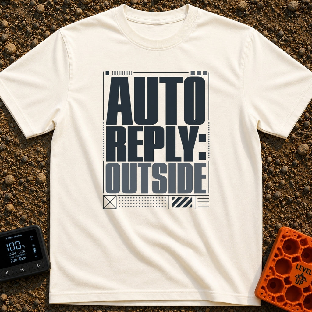 Auto Reply Outside - T-Shirt in Ivory - A typographic design featuring the large, stacked bold text "AUTO REPLY: OUTSIDE"...