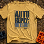 Auto Reply Outside - T-Shirt in Mustard - A typographic design featuring the large, stacked bold text "AUTO REPLY:...