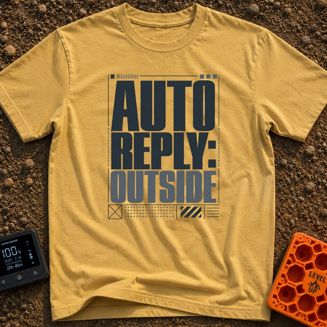Auto Reply Outside - T-Shirt in Mustard - A typographic design featuring the large, stacked bold text "AUTO REPLY:...