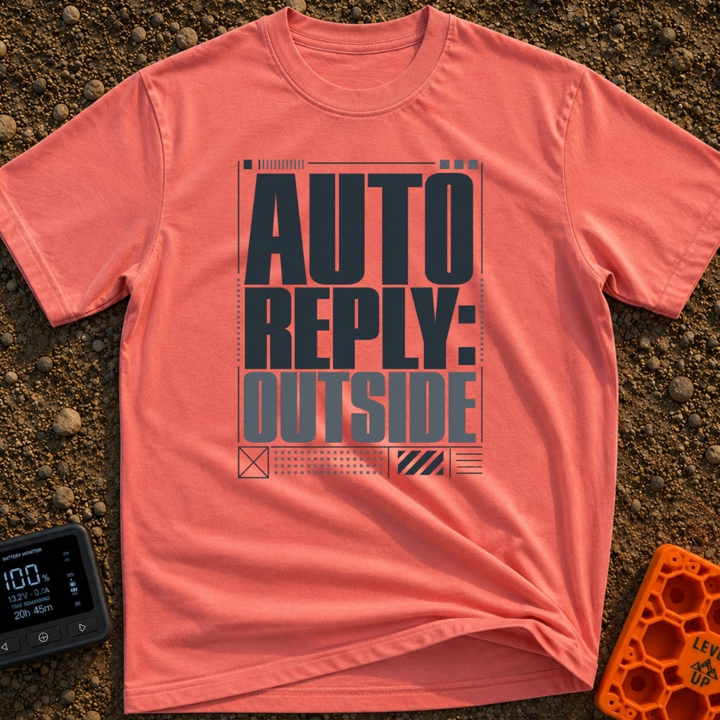 Auto Reply Outside - T-Shirt in Watermelon - A typographic design featuring the large, stacked bold text "AUTO REPLY:...