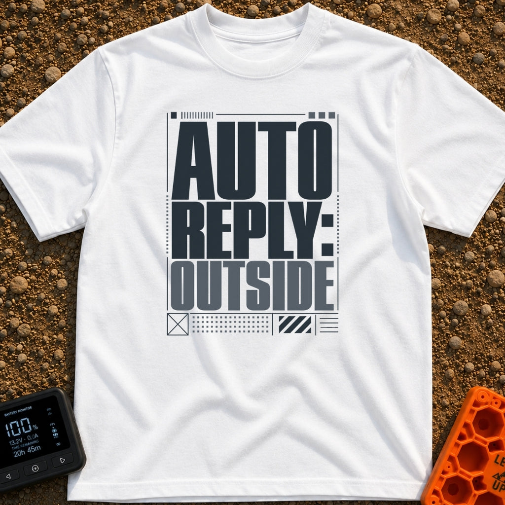 Auto Reply Outside - T-Shirt in White - A typographic design featuring the large, stacked bold text "AUTO REPLY: OUTSIDE"...