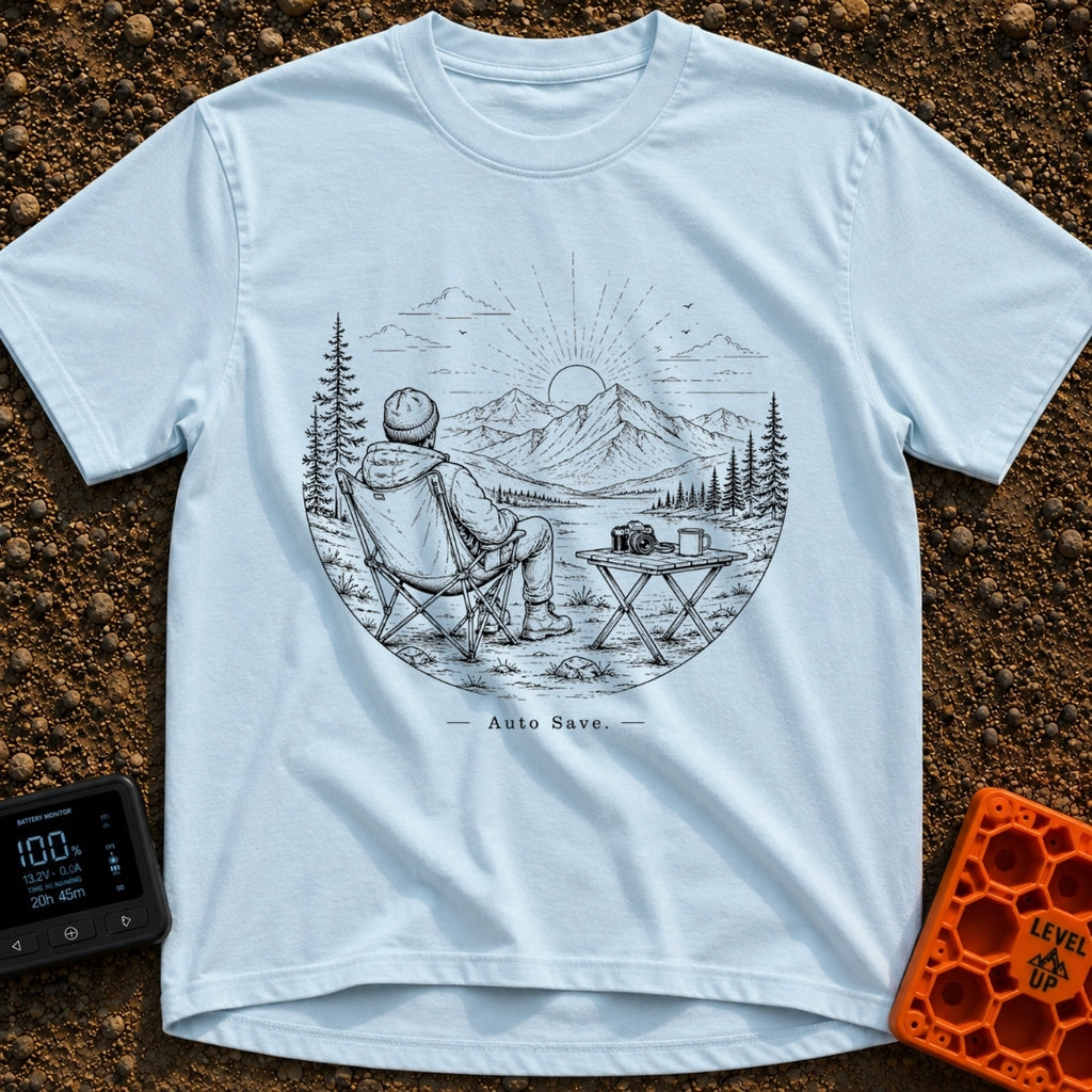 Auto Save In Progress - T-Shirt in Chambray - A black and white line drawing of a person sitting in a camp chair facing...