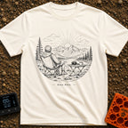 Auto Save In Progress - T-Shirt in Ivory - A black and white line drawing of a person sitting in a camp chair facing away...